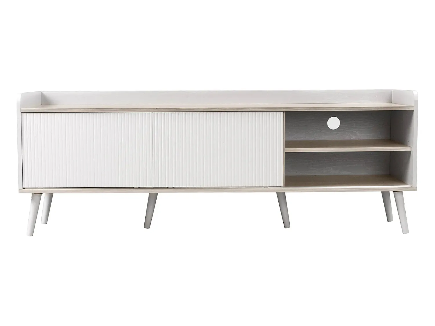 Móvel De Tv*Hauss Spole Móvel para TV com 2 gavetas e 2 portas de correr, porta às riscas, e madeira. Branco