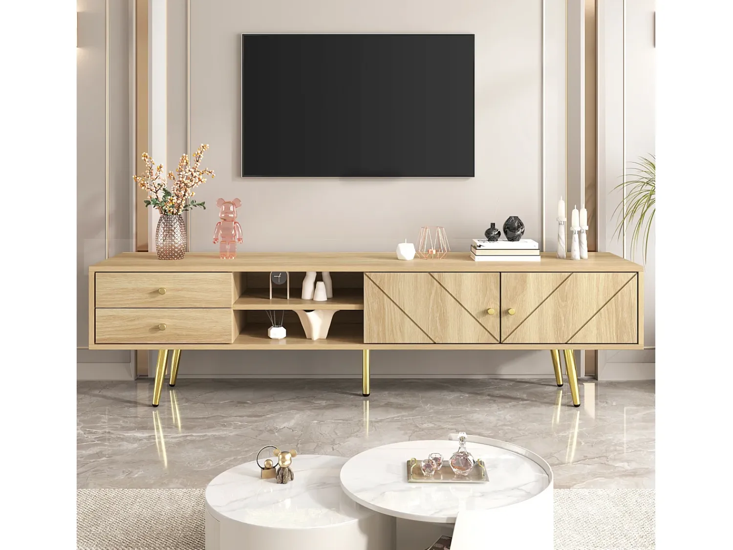 Hauss Spole Móvel para TV com 2 gavetas e 2 portas, pés dourados, 160 x 36 x 42 cm^ Móvel De Tv