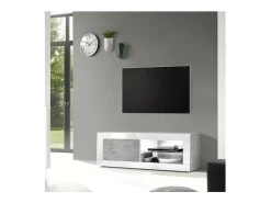 Móvel De Tv*Meublorama Móvel para TV com 1 porta, coleção CISA, cor branca laqueada brilhante e cinza efeito concreto. Branco