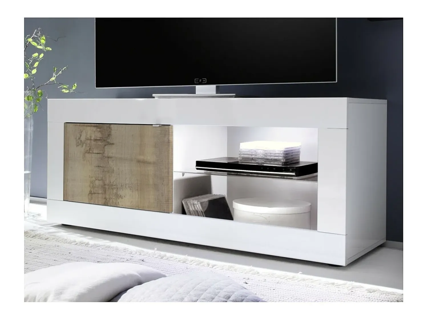 Móvel De Tv|Meublorama Móvel para TV com 1 porta, coleção CISA, nas cores brilhante laqueado e carvalho claro. Branco
