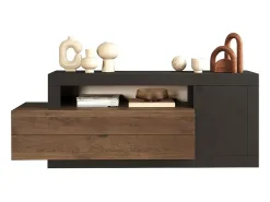 Móvel De Tv|Meublorama Móvel para TV com 1 porta e 2 gavetas coleção DOMI. Cor cinza antracite carvalho escuro, ideal para uma sala de estar moderna. Cinzento