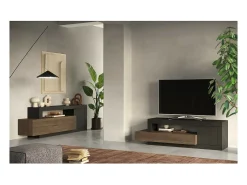 Móvel De Tv|Meublorama Móvel para TV com 1 porta e 2 gavetas coleção DOMI. Cor cinza antracite carvalho escuro, ideal para uma sala de estar moderna. Cinzento