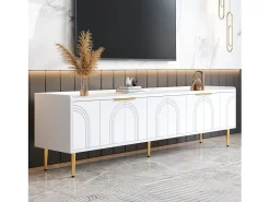 Móvel De Tv|Merax Móvel para TV com 4 portas texturizadas - 170 x 35 x 47,5 cm - puxadores e pés dourados - MDF - Branco