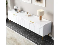 Móvel De Tv|Merax Móvel para TV com 4 portas texturizadas - 170 x 35 x 47,5 cm - puxadores e pés dourados - MDF - Branco