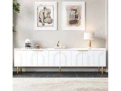 Móvel De Tv|Merax Móvel para TV com 4 portas texturizadas - 170 x 35 x 47,5 cm - puxadores e pés dourados - MDF - Branco
