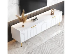 Móvel De Tv|Merax Móvel para TV com 4 portas texturizadas - 170 x 35 x 47,5 cm - puxadores e pés dourados - MDF - Branco