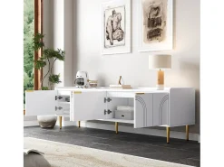 Móvel De Tv|Merax Móvel para TV com 4 portas texturizadas - 170 x 35 x 47,5 cm - puxadores e pés dourados - MDF - Branco