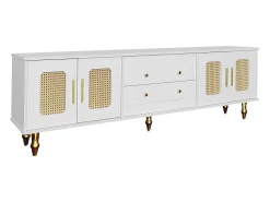 Hauss Spole Móvel para TV com 4 portas em rattan e 2 gavetas - Pés em metal dourado -^ Móvel De Tv