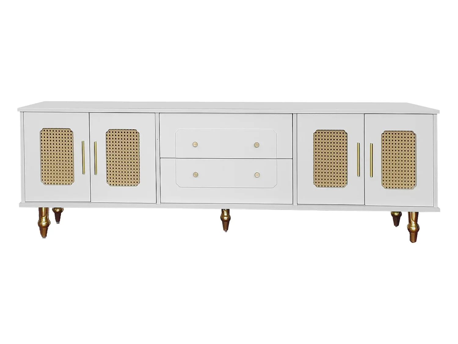 Hauss Spole Móvel para TV com 4 portas em rattan e 2 gavetas - Pés em metal dourado -^ Móvel De Tv