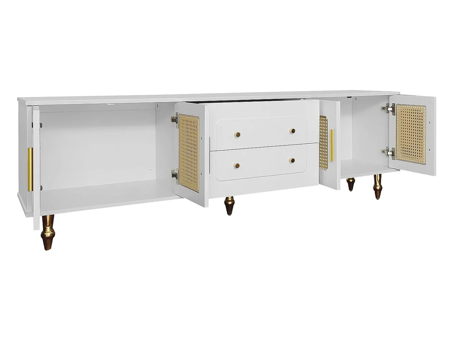Hauss Spole Móvel para TV com 4 portas em rattan e 2 gavetas - Pés em metal dourado -^ Móvel De Tv