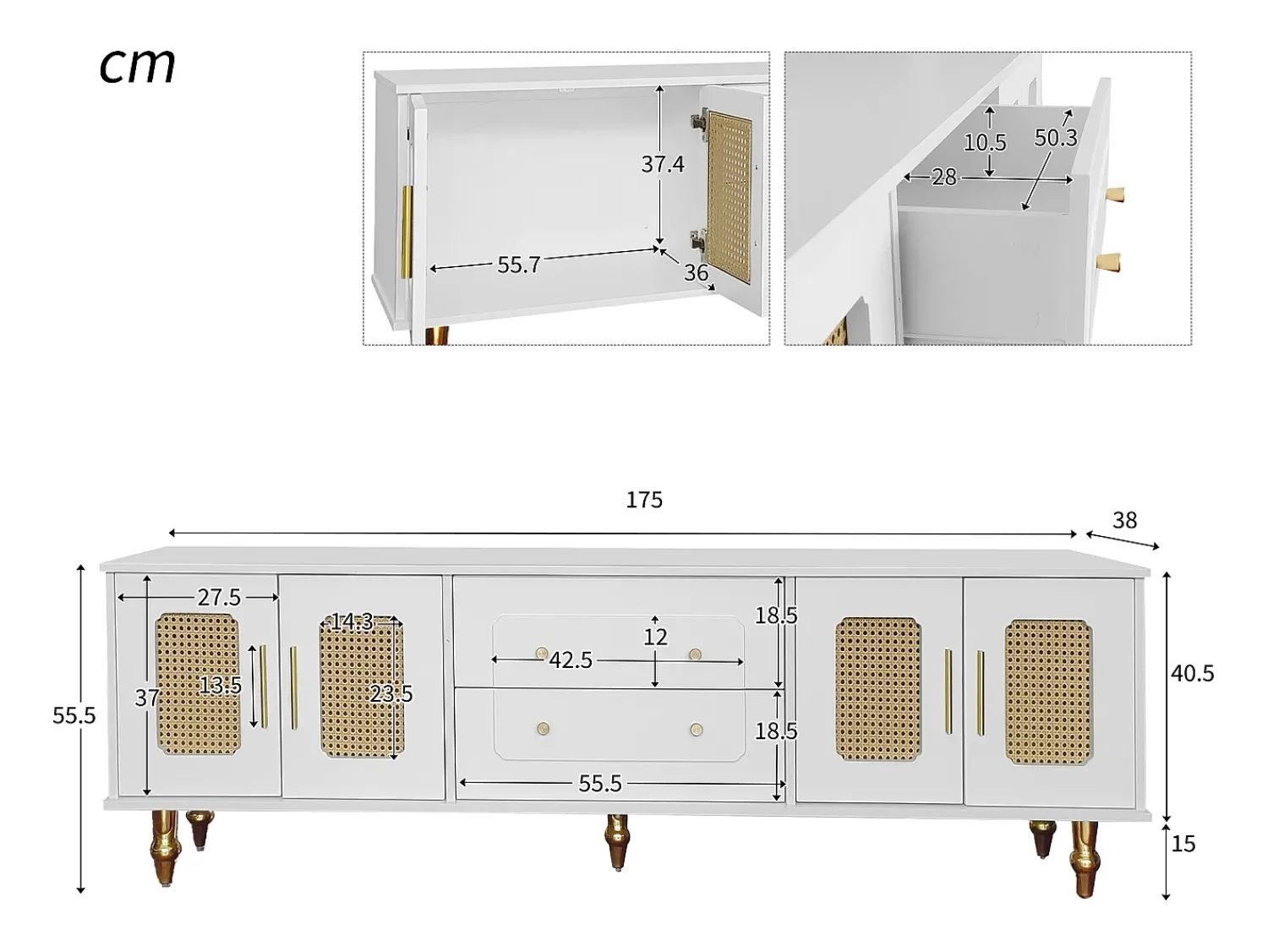 Hauss Spole Móvel para TV com 4 portas em rattan e 2 gavetas - Pés em metal dourado -^ Móvel De Tv