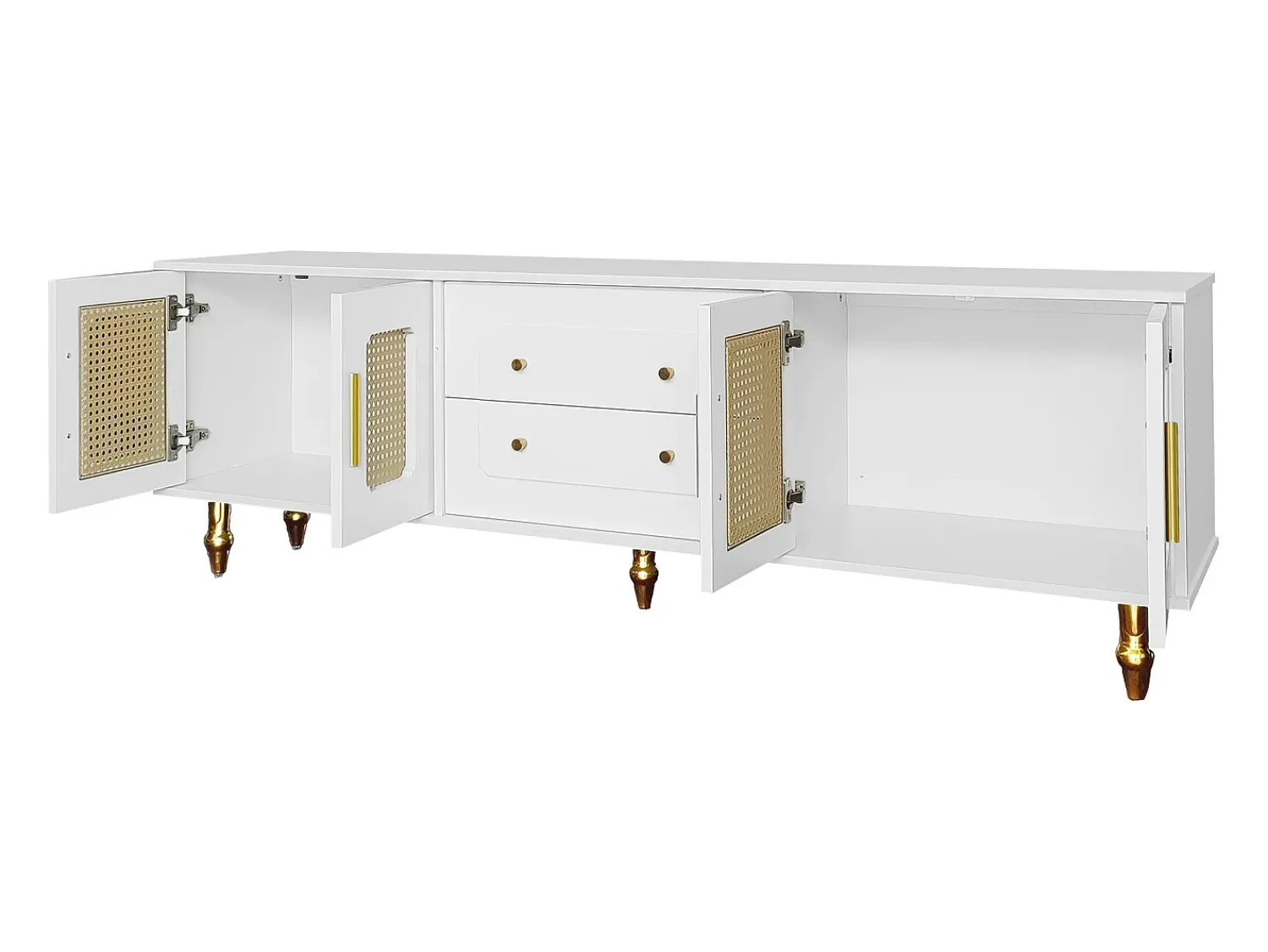 Hauss Spole Móvel para TV com 4 portas em rattan e 2 gavetas - Pés em metal dourado -^ Móvel De Tv