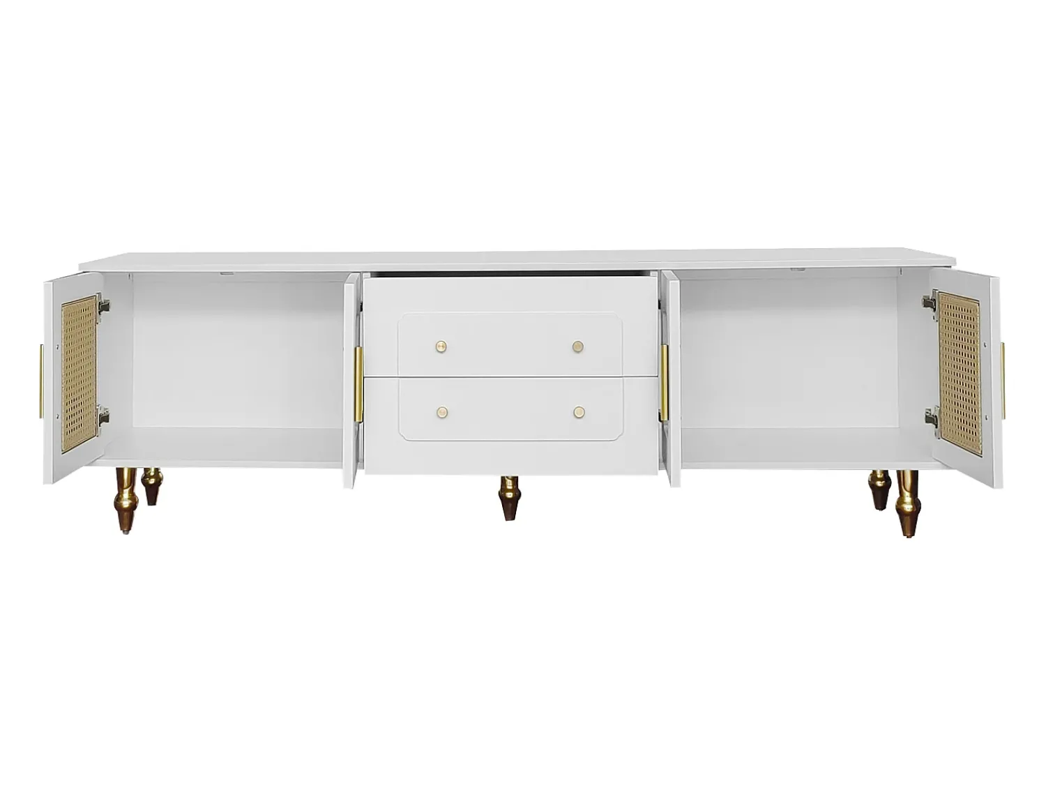 Hauss Spole Móvel para TV com 4 portas em rattan e 2 gavetas - Pés em metal dourado -^ Móvel De Tv
