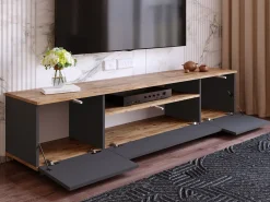 New Vente-unique Móvel para TV com 3 portas e 1 nicho - Antracite e natural - LOTULA Cinza antracite / Natural claro