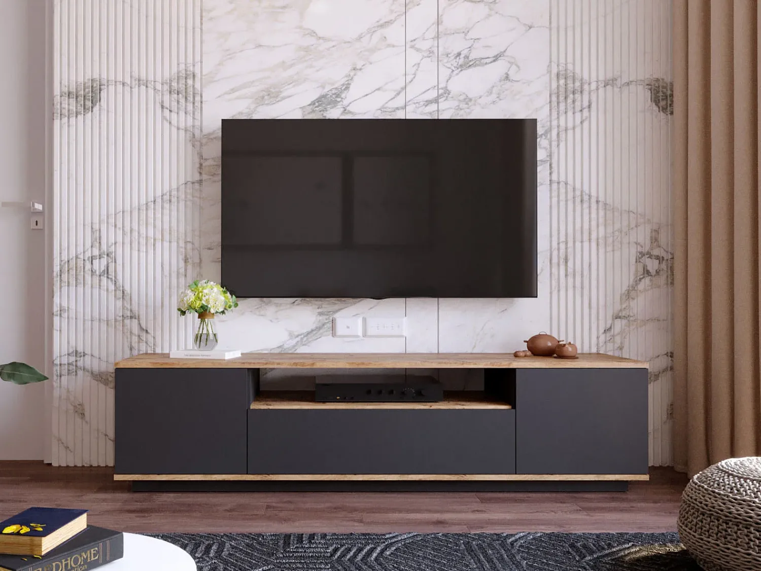 New Vente-unique Móvel para TV com 3 portas e 1 nicho - Antracite e natural - LOTULA Cinza antracite / Natural claro