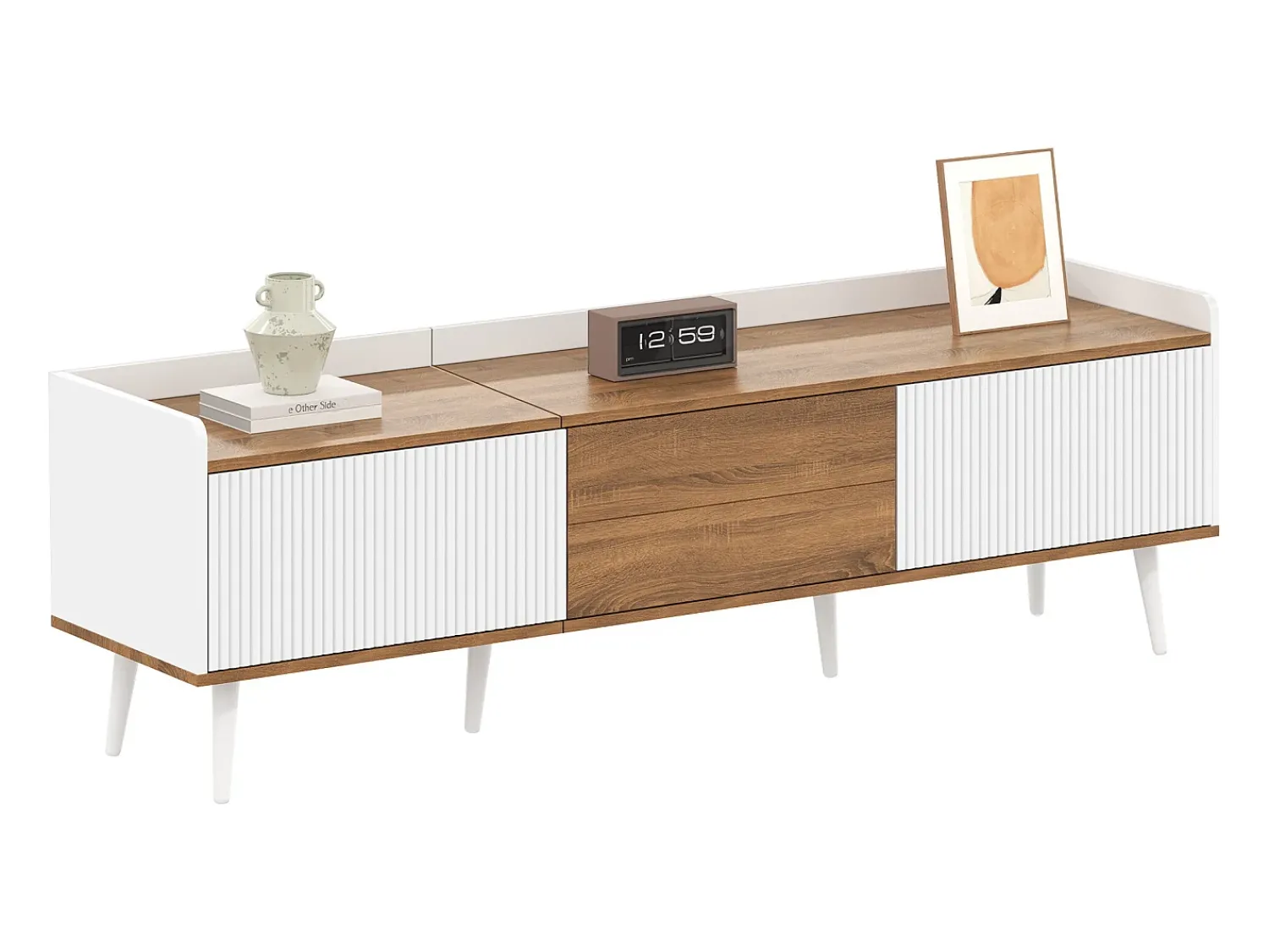 Móvel De Tv*Hauss Spole Móvel para TV com 3 portas, acabamento às riscas, e natural. Branco
