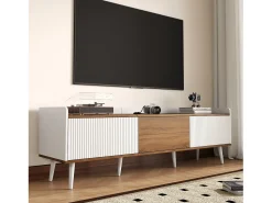 Móvel De Tv*Hauss Spole Móvel para TV com 3 portas, acabamento às riscas, e natural. Branco