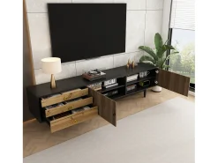 Outlet Hauss Spole Móvel para TV com 2 portas e 3 gavetas, padrão ondulado, e natural. Preto