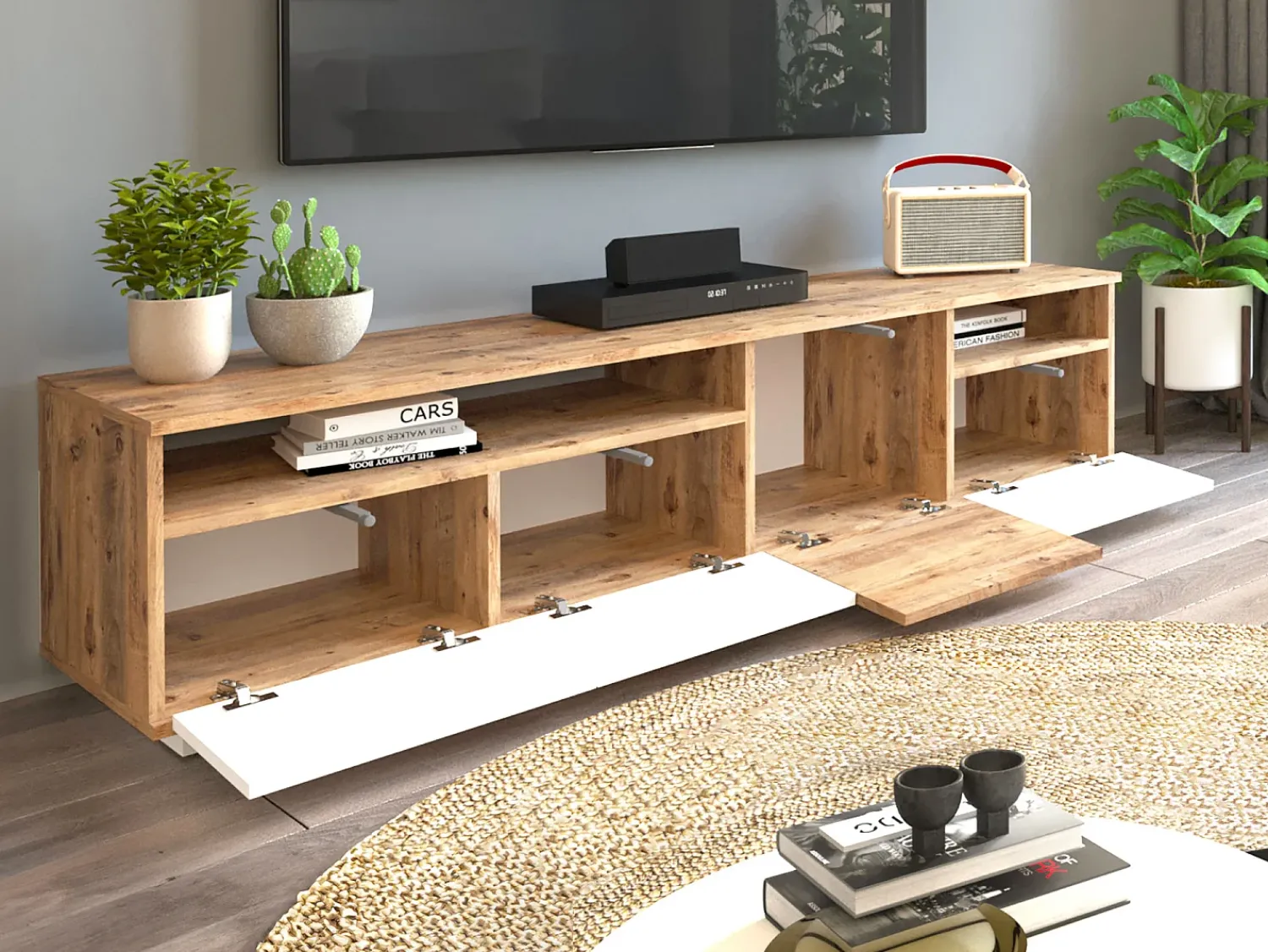 Vente-unique Móvel para TV com 4 portas e 2 prateleiras - Tons naturais claros e branco - CEDONA^ Móvel De Tv