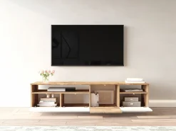 Vente-unique Móvel para TV com 4 portas e 2 prateleiras - Tons naturais claros e branco - CEDONA^ Móvel De Tv