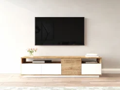 Vente-unique Móvel para TV com 4 portas e 2 prateleiras - Tons naturais claros e branco - CEDONA^ Móvel De Tv