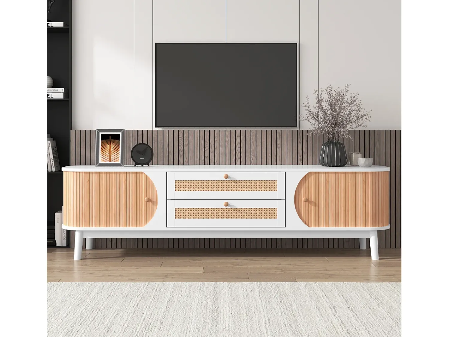 Discount Hauss Spole Móvel para TV com 2 portas de correr e 2 gavetas - e madeira Branco