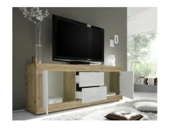 Meublorama Móvel para TV com 2 portas 2 gavetas ACCESS. Cor branca e carvalho claro^ Móvel De Tv