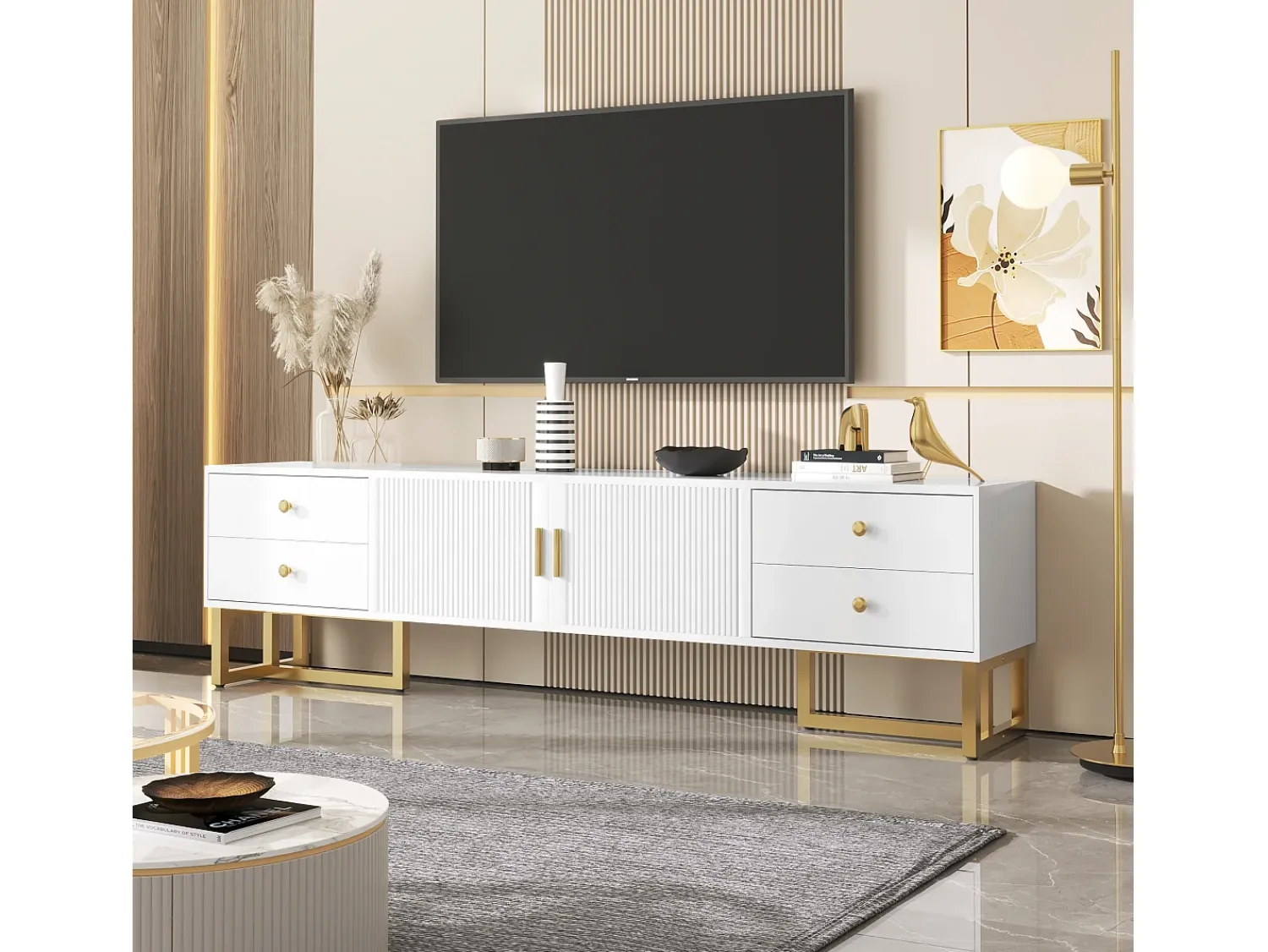 Hauss Spole Móvel para TV com 2 portas e 4 gavetas - Pés em metal dourado -^ Móvel De Tv
