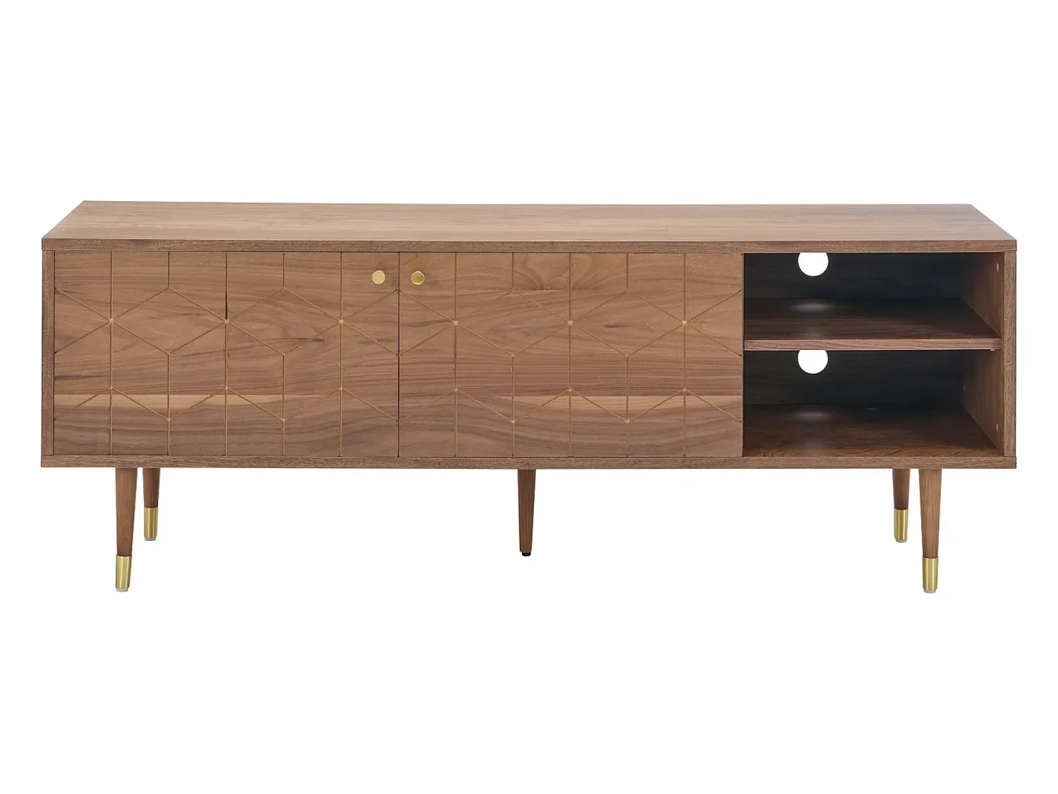 Móvel De Tv|Vente-unique Móvel para TV com 2 portas e 2 prateleiras abertas, folheado a nogueira - Cor natural escura e dourado - PARIOMA Natural escuro / Dourado