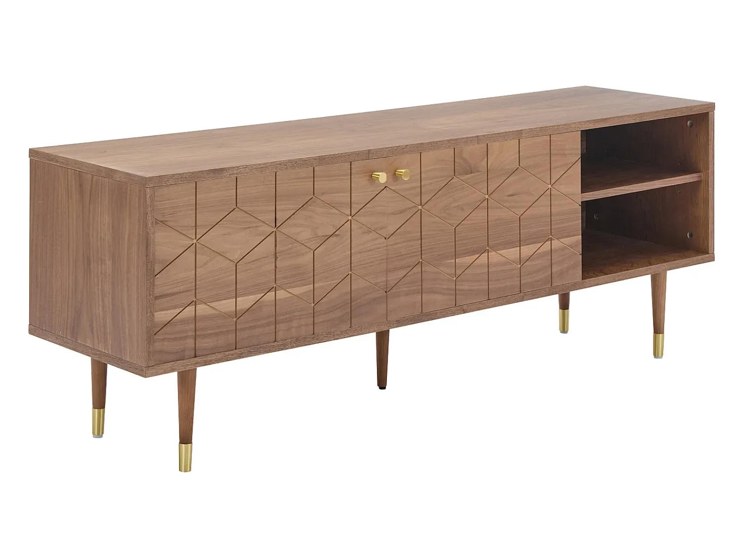 Móvel De Tv|Vente-unique Móvel para TV com 2 portas e 2 prateleiras abertas, folheado a nogueira - Cor natural escura e dourado - PARIOMA Natural escuro / Dourado