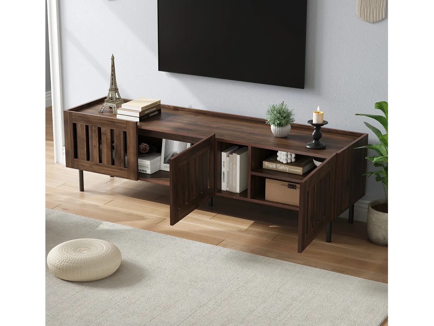 Hauss Spole Móvel para TV com 3 portas, 160 x 40 x 47 cm - Design vazado - Cor nogueira^ Móvel De Tv