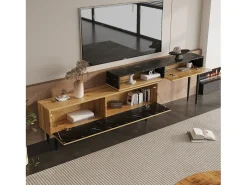 Móvel De Tv|Hauss Spole Móvel para TV com 2 portas e 1 nicho, folheado com efeito mármore preto e folheado com padrão de madeira. Natural escuro