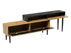 Móvel De Tv|Hauss Spole Móvel para TV com 2 portas e 1 nicho, folheado com efeito mármore preto e folheado com padrão de madeira. Natural escuro