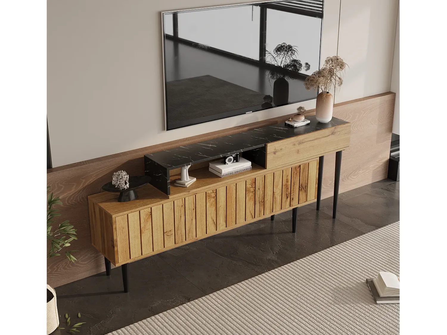 Móvel De Tv|Hauss Spole Móvel para TV com 2 portas e 1 nicho, folheado com efeito mármore preto e folheado com padrão de madeira. Natural escuro