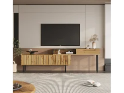 Móvel De Tv|Hauss Spole Móvel para TV com 2 portas e 1 nicho, folheado com efeito mármore preto e folheado com padrão de madeira. Natural escuro