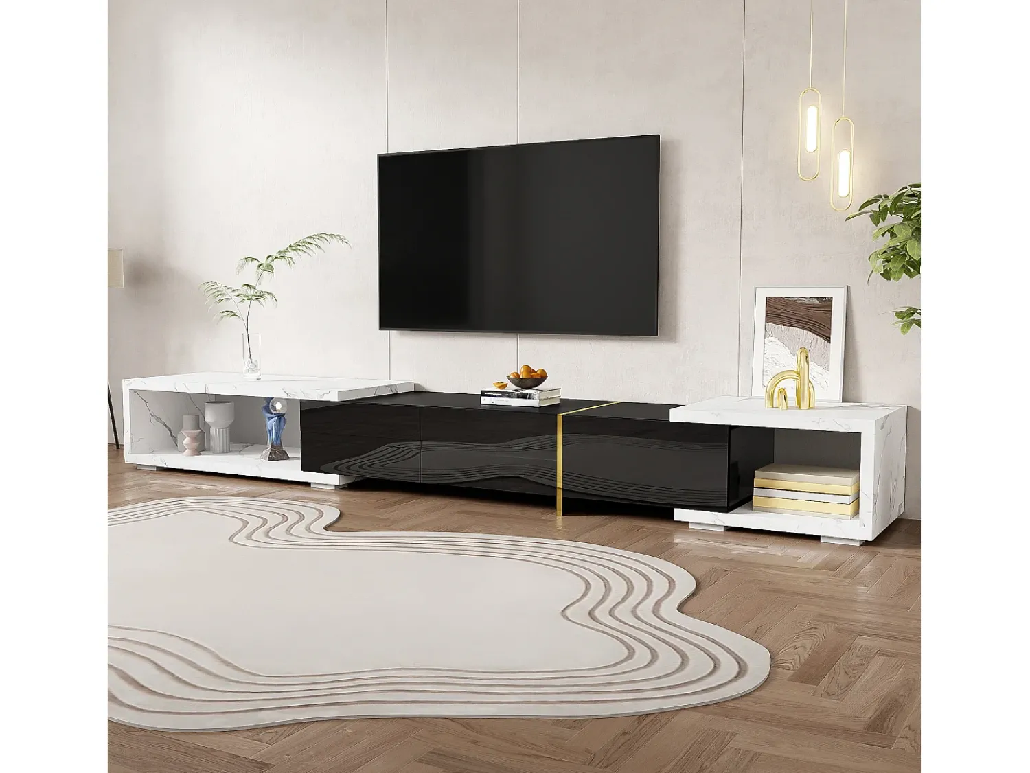 Móvel De Tv*Hauss Spole Móvel para TV com 3 portas, comprimento regulável, frente em brilhante e laterais em folheado com efeito mármore branco - 140/260x40x30cm Preto