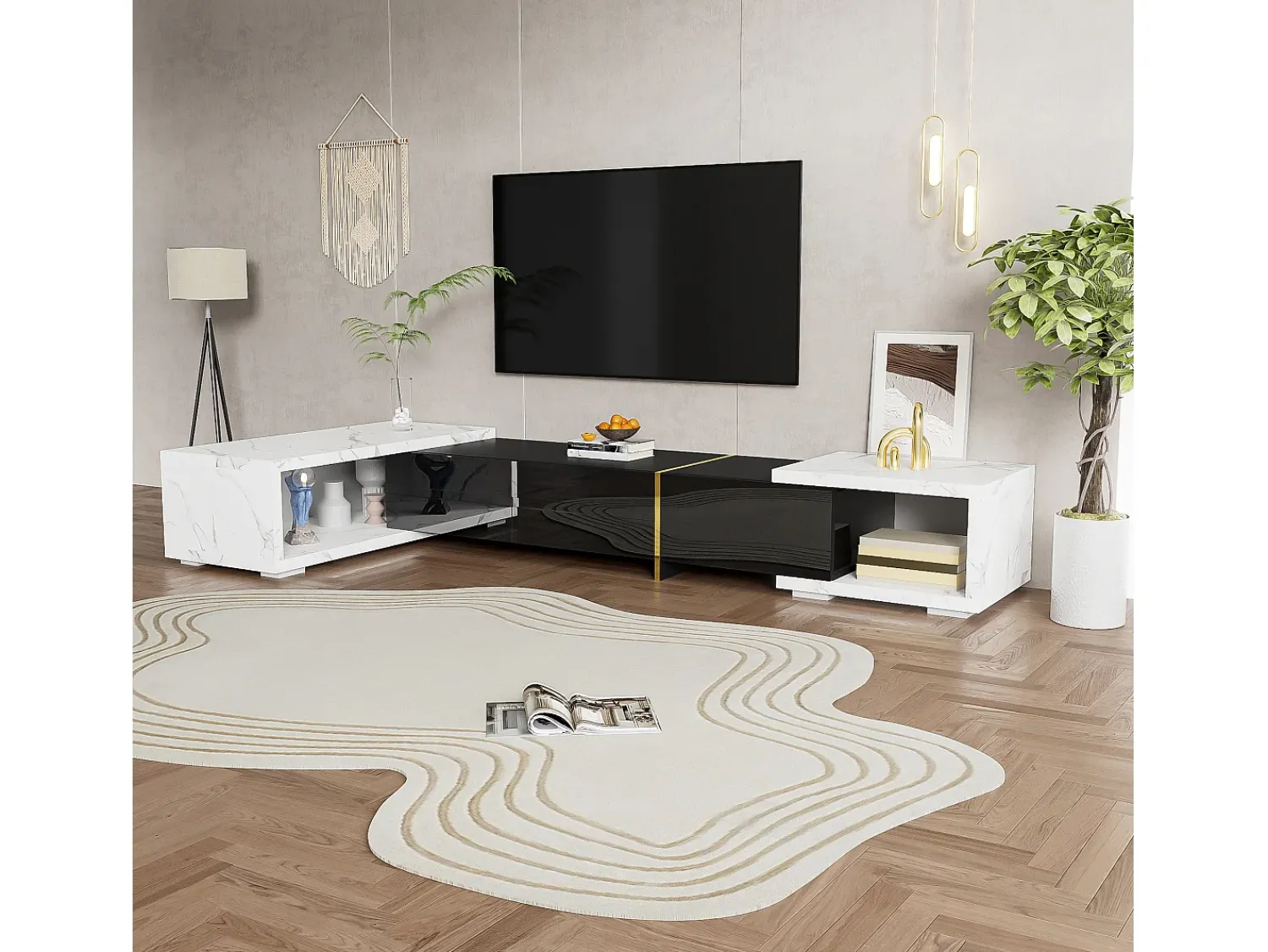 Móvel De Tv*Hauss Spole Móvel para TV com 3 portas, comprimento regulável, frente em brilhante e laterais em folheado com efeito mármore branco - 140/260x40x30cm Preto