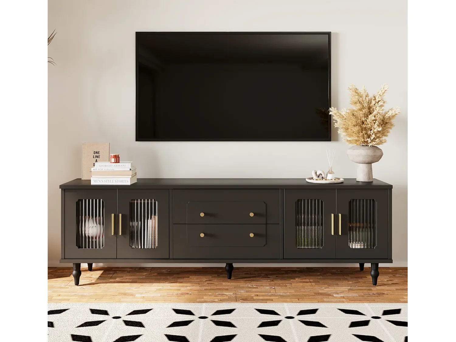 Hauss Spole Móvel para TV com 4 portas de vidro e 2 gavetas - Madeira PB - 175x38x55,5cm^ Móvel De Tv