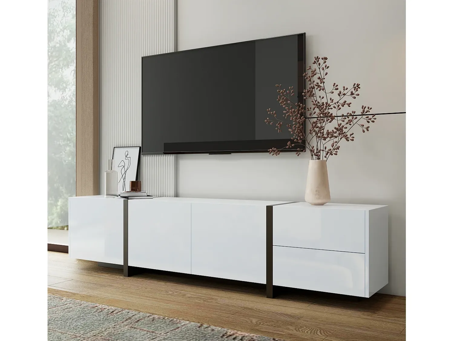 Hauss Spole Móvel para TV com 4 portas e 1 gaveta, pés pretos, acabamento brilhante,^ Móvel De Tv