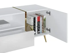 Móvel De Tv|Vente-unique Móvel para TV com 2 portas, 1 gaveta e 1 prateleira - Branco brilhante e dourado - MARZIALO Branco / Dourado