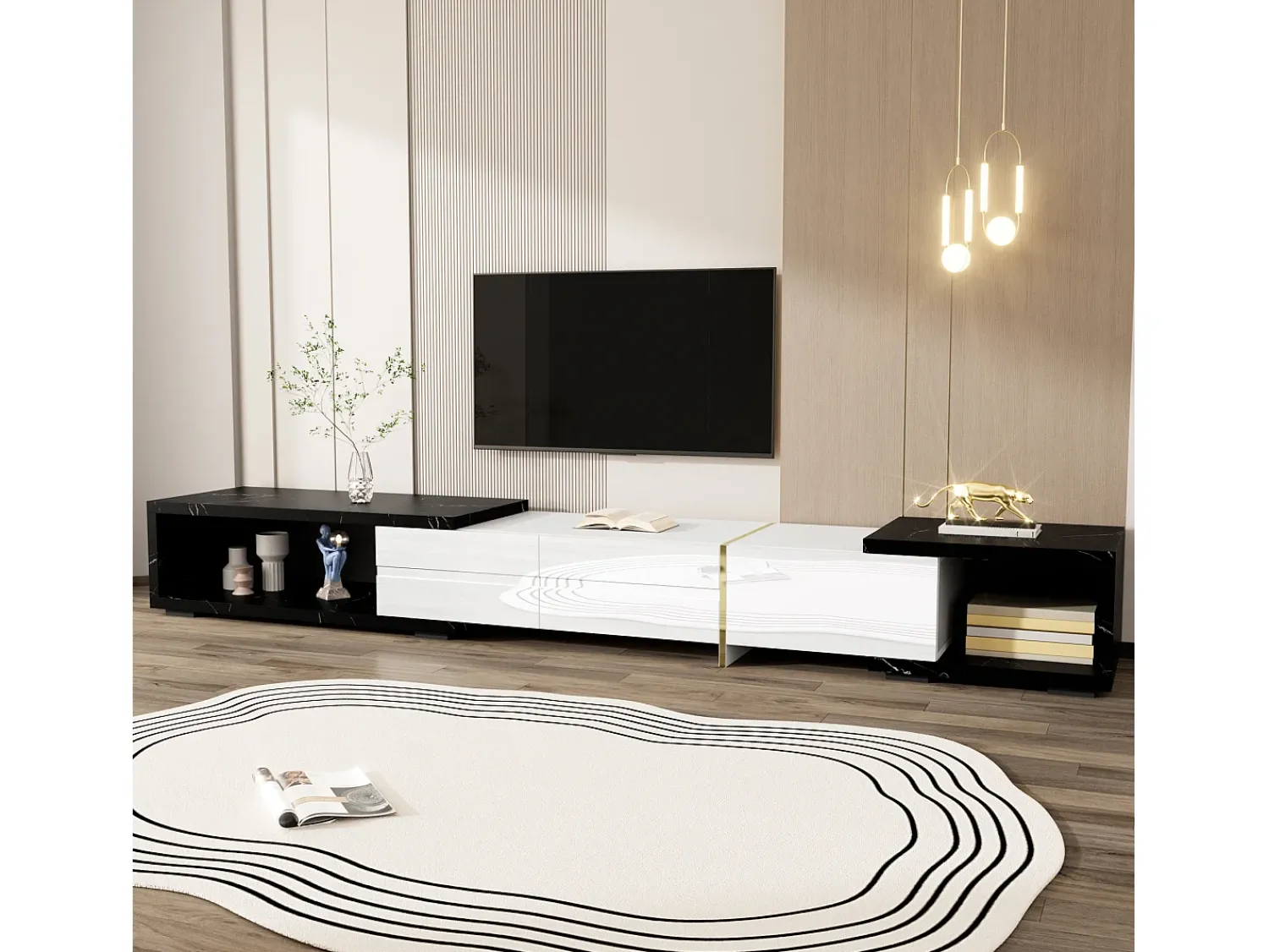 Móvel De Tv*Hauss Spole Móvel para TV com 3 portas, comprimento ajustável, frente branca brilhante e laterais em folheado com efeito mármore preto - 140/260x40x30cm Branco