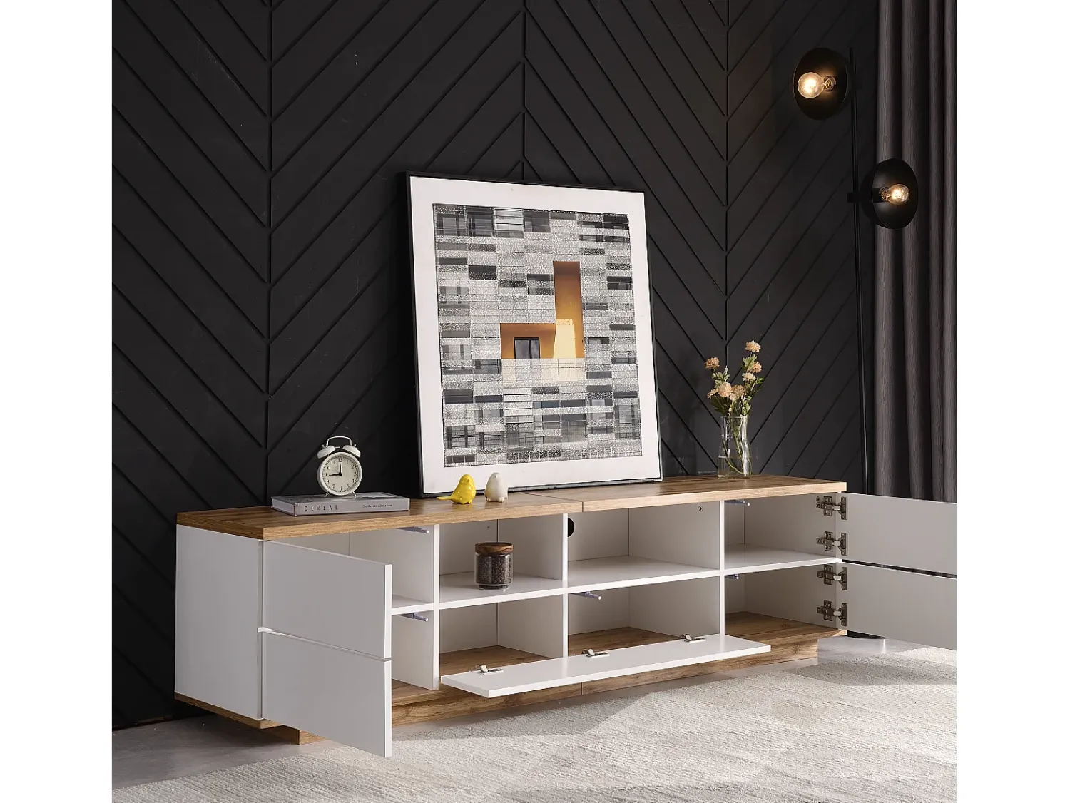 Móvel De Tv*Hauss Spole Móvel para TV com 5 portas, com acabamento em madeira, e natural. Branco