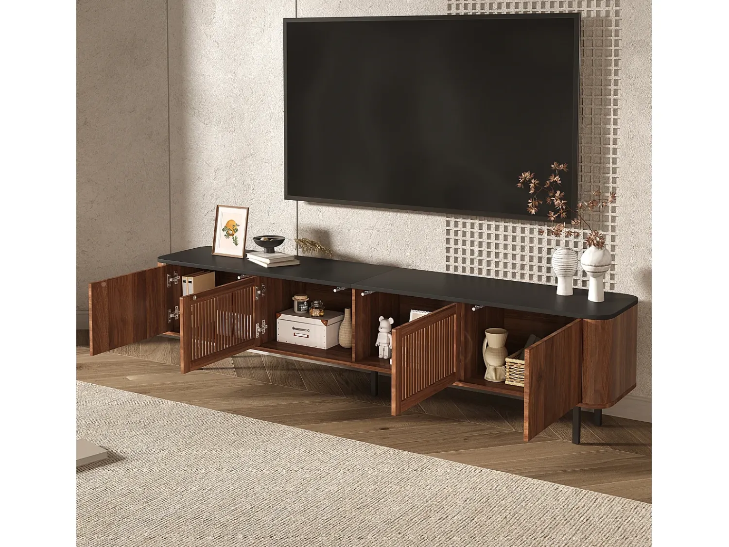 Móvel De Tv*Hauss Spole Móvel para TV com 4 portas, 190 x 35 x 45 cm - Tampo preto - Cor madeira escura Natural escuro