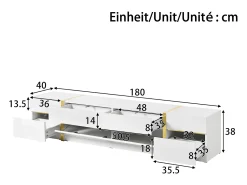 Outlet Merax Móvel para TV com acabamento brilhante - 180 x 40 x 38 cm - com gavetas e portas - estilo moderno - MDF - Branco
