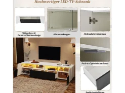 Móvel De Tv*Merax Móvel para TV com acabamento laqueado brilhante - 180 x 38,5 x 45 cm - com LEDs + 2 gavetas + prateleiras abertas - MDF + Vidro - + preto. Branco