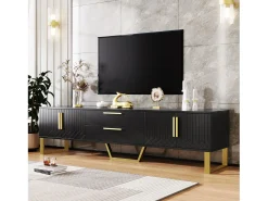 Best Hauss Spole Móvel para TV com acabamento em lacado brilhante, 170x40x535,5cm - 4 portas e 2 gavetas - pés dourados Preto