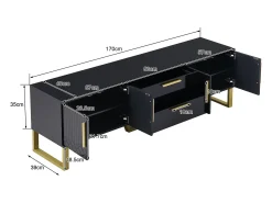 Best Hauss Spole Móvel para TV com acabamento em lacado brilhante, 170x40x535,5cm - 4 portas e 2 gavetas - pés dourados Preto