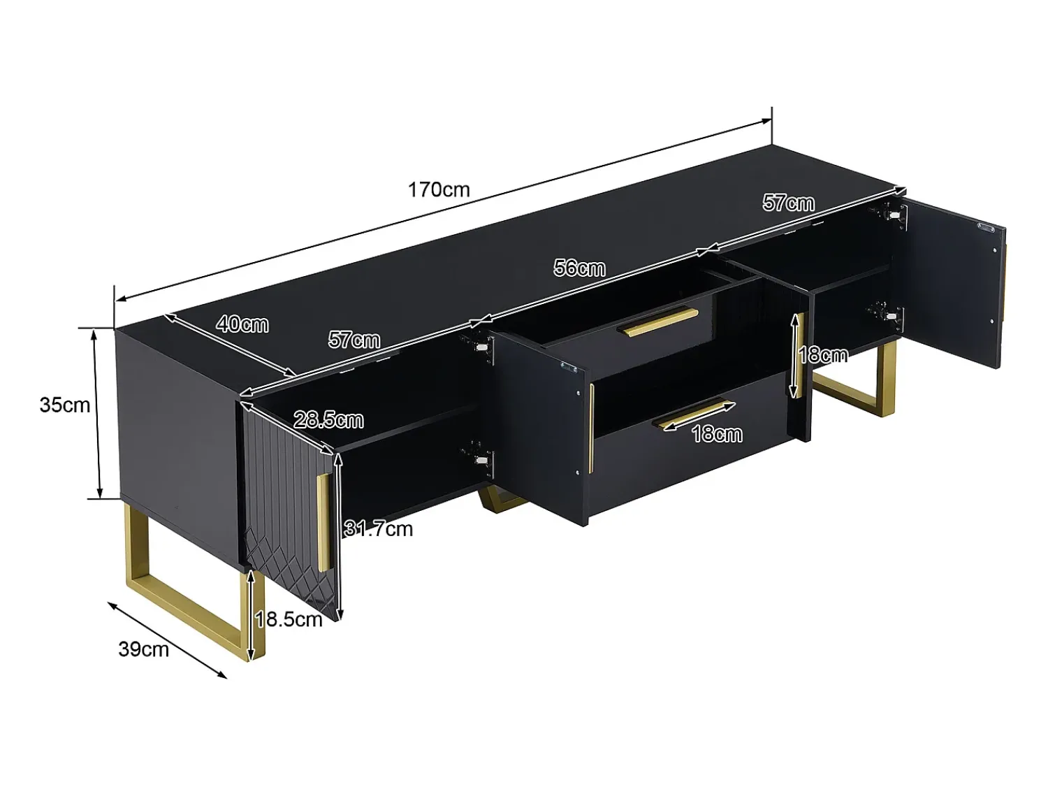 Best Hauss Spole Móvel para TV com acabamento em lacado brilhante, 170x40x535,5cm - 4 portas e 2 gavetas - pés dourados Preto