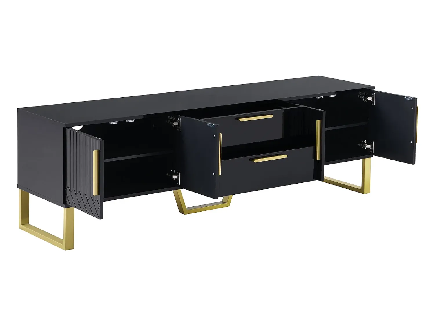 Best Hauss Spole Móvel para TV com acabamento em lacado brilhante, 170x40x535,5cm - 4 portas e 2 gavetas - pés dourados Preto