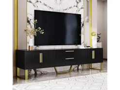 Best Merax Móvel para TV com acabamento brilhante, 4 portas e 2 gavetas - 170 x 39 x 53,5 cm - puxadores e pés dourados - MDF - Preto